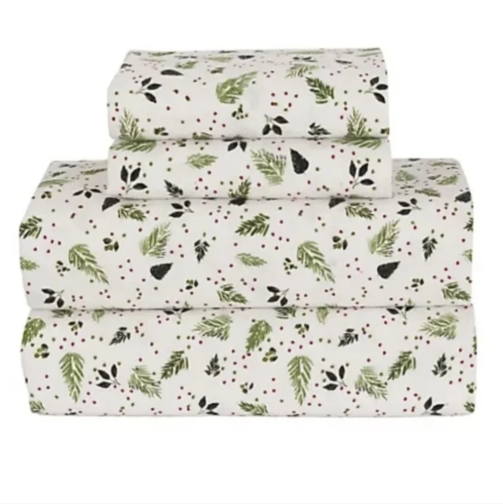 Bee & Willow Heavyweight Cotton Flannel Queen Sheet Set Christmas Foliage NEW